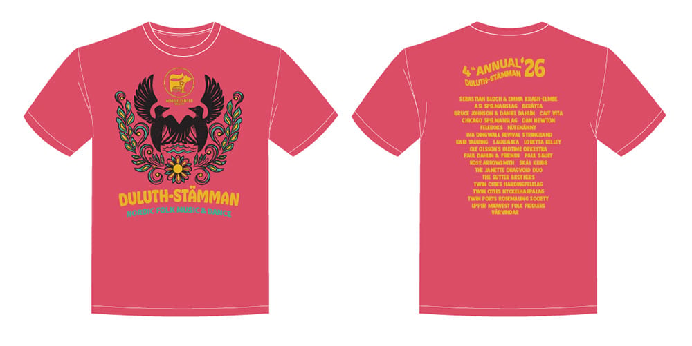 Nordic Center Duluth-Stamman 2026 T-Shirts. Illustration artwork by Rose LeRaan